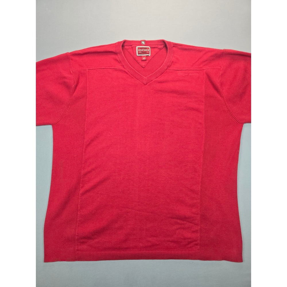 Tommy Hilfiger Denim Red V-Neck Ribbed Cotton Sweater Pullover - L